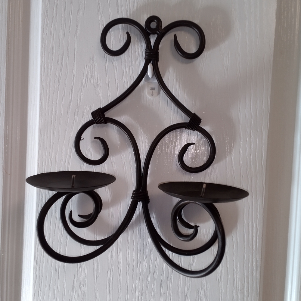 Black Wrought Iron Metal  Wall Or Stand Alone Double Candle Holder 5X9X11